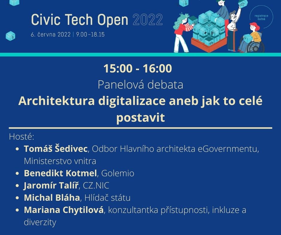 ARCHITEKTURA DIGITALIZACE ANEB JAK TO CELÉ POSTAVIT – to je téma 4. panelové debaty konference #CivicTechOpen 2022 zaměřené na digitalizaci státu.
Jak se taková architektura buduje a stíhá stát rovněž zajišťovat soulad s legislativním prostředím? 
Více➡️ osf.cz/2022/05/11/civ…
