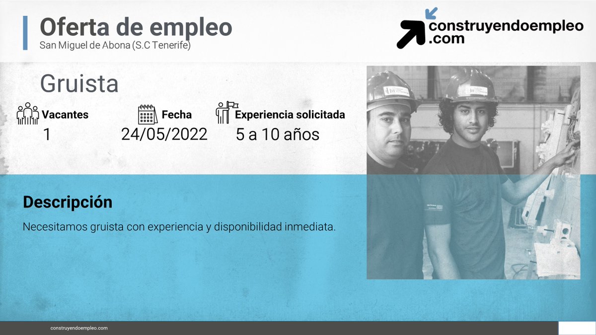 ⚠ Consulta nuestro portal de empleo, y conoce las vacantes en el sector.
💼 Montador/a - instalador/a de aparatos de elevación, Alicante
💼 Albañil/a (Internacional) 
💼 Gruista, S.C. Tenerife 
💼 Jefe/a de obra, Segovia 
construyendoempleo.com/#/mainPage  
#EresEmpleo
