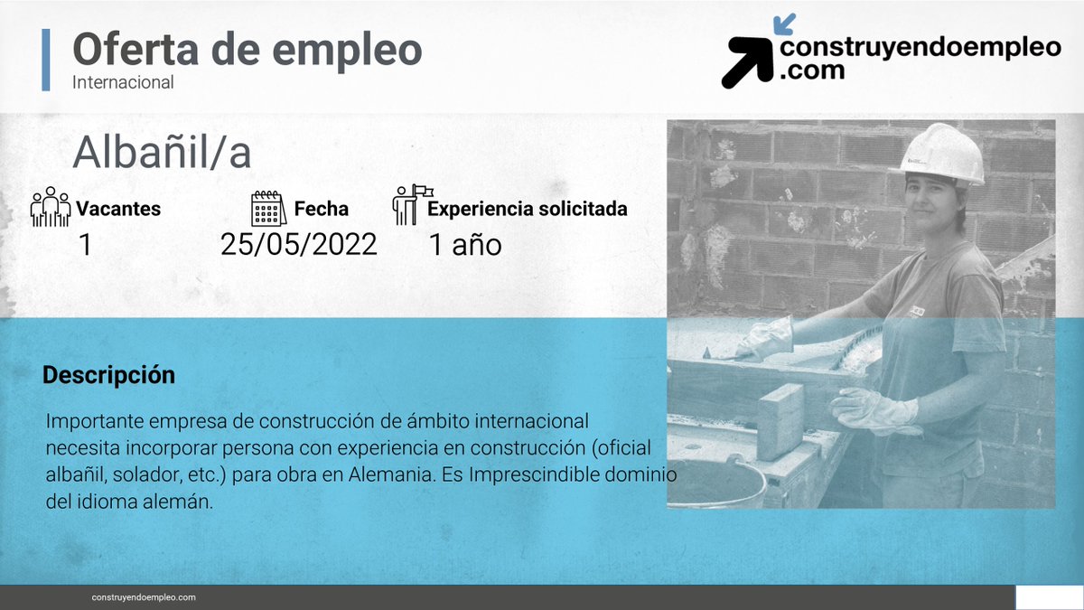 FLC_Empleo's tweet photo. ⚠ Consulta nuestro portal de empleo, y conoce las vacantes en el sector.
💼 Montador/a - instalador/a de aparatos de elevación, Alicante
💼 Albañil/a (Internacional) 
💼 Gruista, S.C. Tenerife 
💼 Jefe/a de obra, Segovia 
https://t.co/Riv8x7FhUc  
#EresEmpleo https://t.co/1iMdbIMxSw