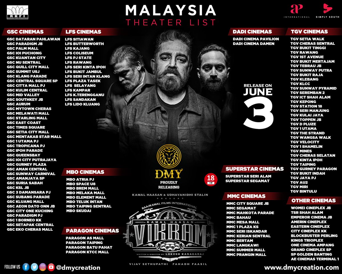 MASSIVE RELEASE for #Vikram in Malaysia 💯💥🔥

Theatre list released by @DmyCreation 🥳

#Vikram #VikramInAction #VikramHitlist #VikramFromJune3 #KamalHaasan