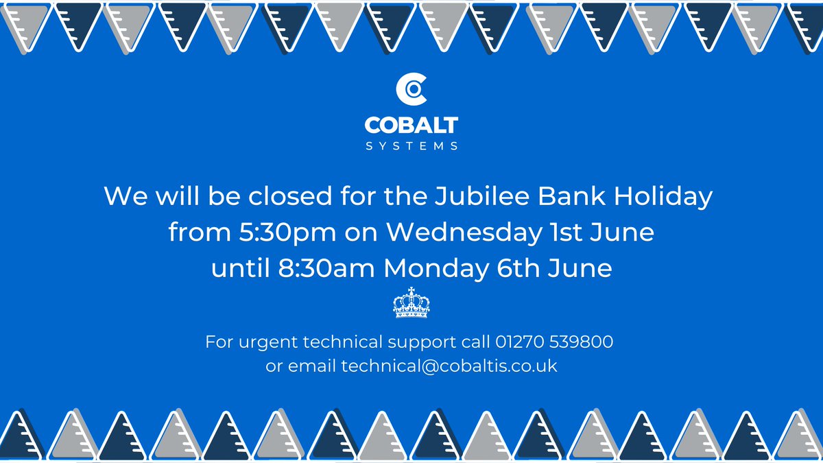 Cobalt_Systems's tweet image. We will be closed over the Jubilee bank Holiday. If you require urgent technical support, please email technical@cobaltis.co.uk. #printandapply #labellingautomation #barcodeautomation #JubileeWeekend