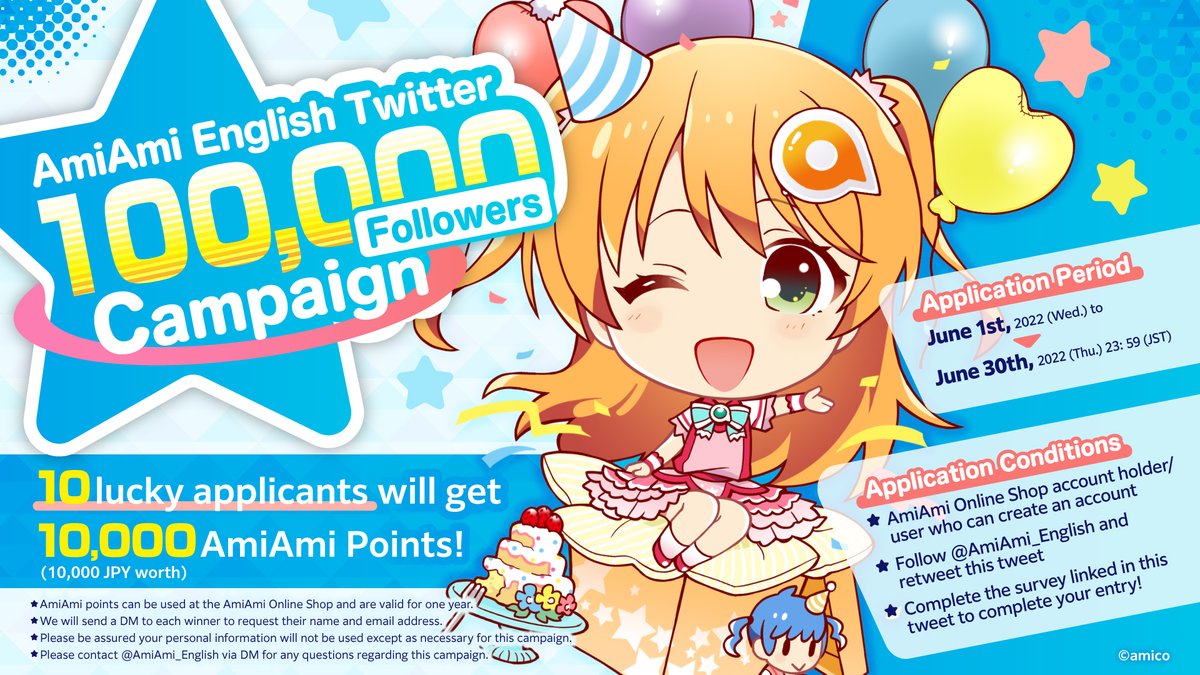 🎉AmiAmi English Twitter 100,000 Followers Campaign!🎉 10 lucky applicants will get 10,000 AmiAmi Points (10,000 JPY worth)! How to apply ✅ Follow @AmiAmi_English ✅ RT this tweet ✅ Complete the survey from the link below! 👉forms.gle/yR3rbQfqX4QMnZ… #AmiAmi_English_100K