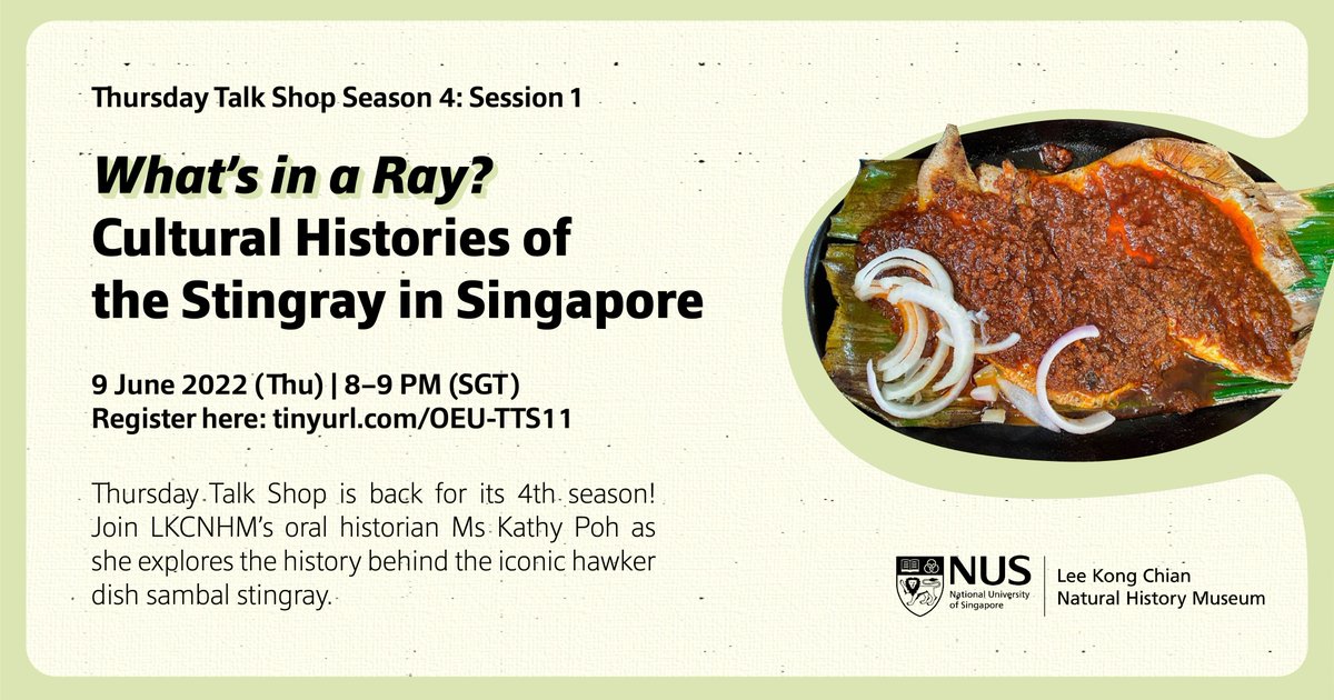 lkcnhm's tweet photo. #ThursdayTalkShop Join our oral historian Ms Kathy Poh as she explores the history of the hawker dish #sambalstingray. By exploring the culinary significance of #stingrays, she hopes to arrive at some new cultural insights of rays in a local context.
๐: https://t.co/SiWldORJTj https://t.co/bGcwyyJ04J