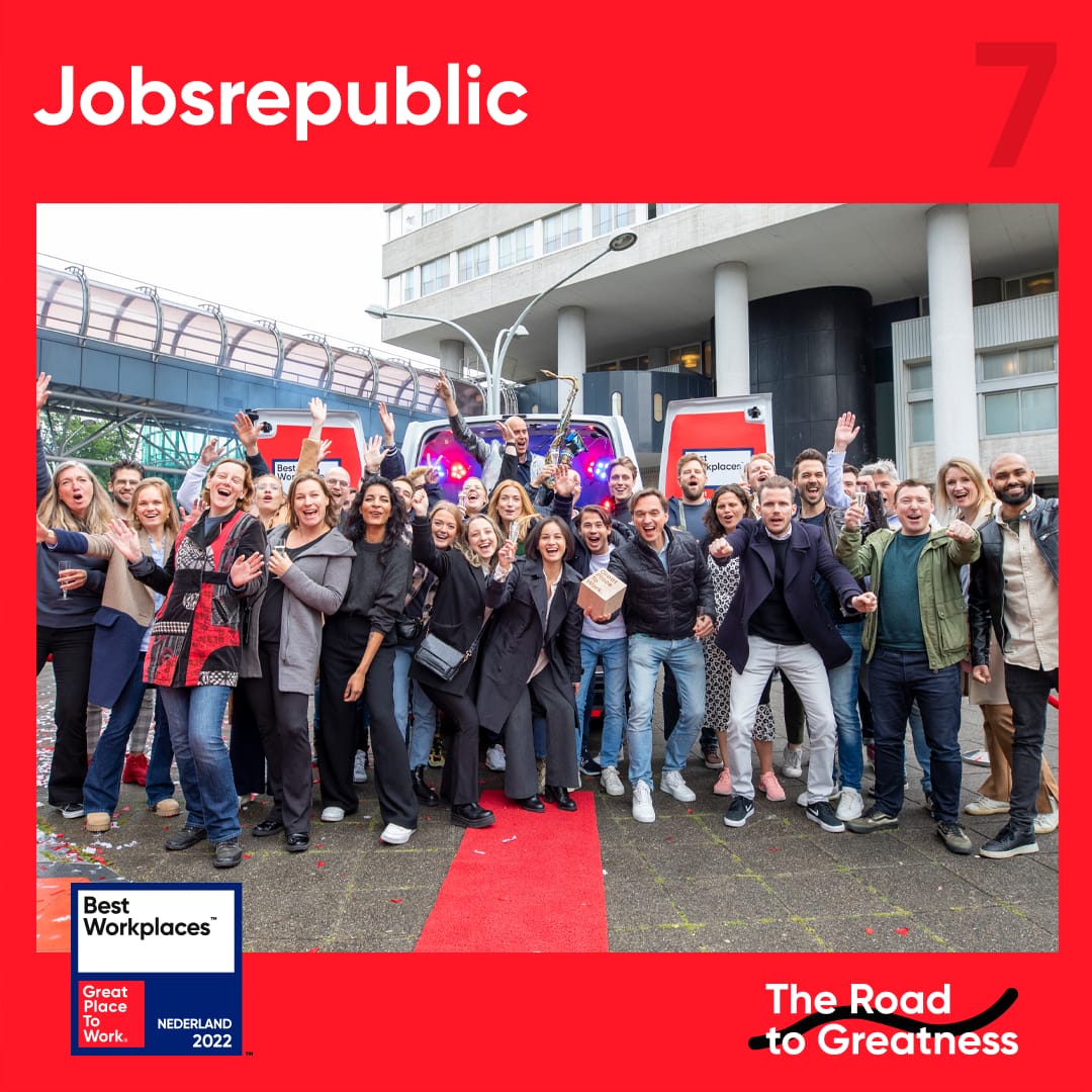 Jobsrepublic's tweet photo. We zijn trots ons voor het 4e jaar op rij een Great Place to Work te noemen. Dit jaar staan wij ook nog op nummer 7 van Best Small Workplaces🥳 meer weten? https://t.co/2Ky0bYgH6R

#NLBestWorkplaces2022, #TheRoadtoGreatness #greatplacetowork https://t.co/PfAyIeNUui