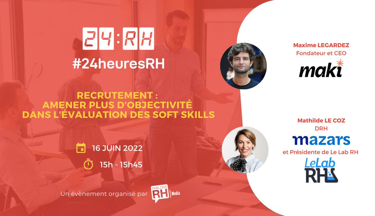Maki_People's tweet image. Soft skills : pourquoi sont-elles si importantes aujourd’hui et comment les évaluer de façon plus objective ? 💡

Pour y répondre, retrouvez @MaximeLegardez de @Maki_People et @CozMathilde de @MazarsenFrance le 16 juin lors de #24heuresRH de @ParlonsRH 

app.livestorm.co/parlons-rh-1/r…👋