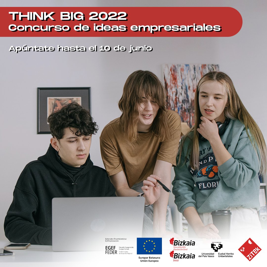 ¿Qué tal van esas ideas? 

Pronto se acaba el plazo para presentar vuestras iniciativas al concurso de ideas empresariales Think Big 2022. Estamos deseando conocer vuestras propuestas. 🤗 

📝 Apúntate hasta el 10 de junio aquí: lnkd.in/e-hri8UM

#thinkbig #zitek <a href="/upvehu/">UPV/EHU</a>