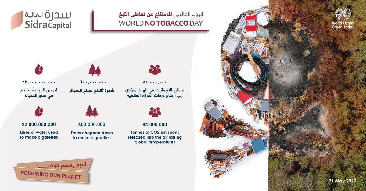 #هل_تعلم بأن التبغ يقتل أكثر من ٨ ملايين شخص كل عام ويدمر بيئتنا؟ 
في #اليوم_العالمي_لمكافحة_التبغ، نقف معاً ضد التبغ لحماية بيئتنا ومجتمعنا من أضرار التبغ.

#التبغ_يهدد_بيئتنا
#لنفضح_التبغ
#التبغ_يسمم_كوكبنا
#اليوم_العالمي_للامتناع_عن_تعاطي_التبغ
<a href="/tcpmoh/">اللجنة الوطنية لمكافحة التبغ</a>
<a href="/SaudiMoh/">وزارة الصحة السعودية</a>