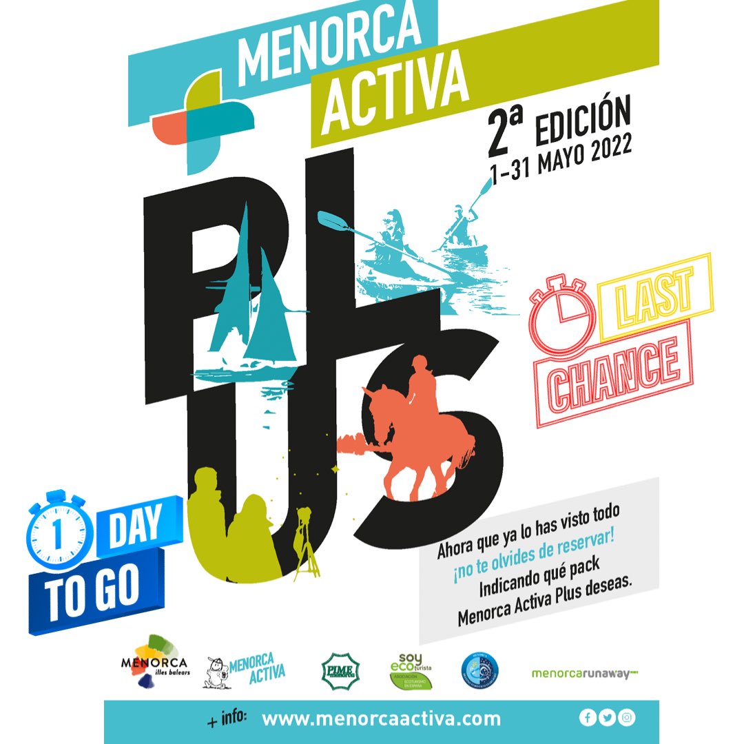 ¡Último día! Reserva ya tu pack Menorca Activa Plus.
14 empresas te ofrecen un amplio abanico de paquetes, que consisten en una estimulante experiencia más un plus de regalo. 

menorcaactiva.com/menorca-activa…