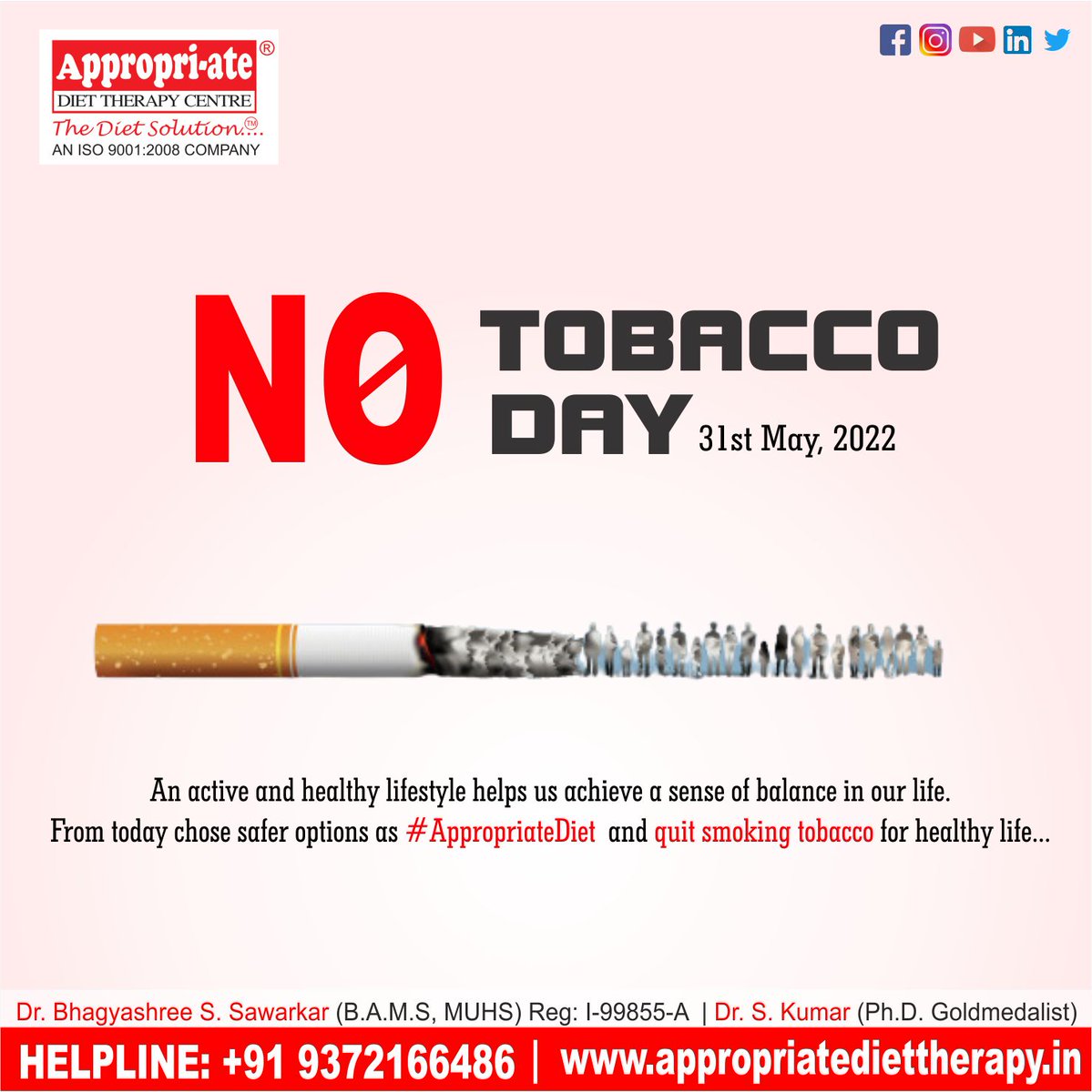 DietAppropriate's tweet photo. Quit Smoking Tobacco Now
#WorldNoTobaccoDay
#appropriatediettherapy
#drskumar
#DiabetesCare https://t.co/GJjzXdQ88x