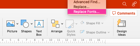 How do you change the font in all #PowerPoint slides at once?

Click the combination of Ctrl+F (or Cmd+F on Mac) — click on the magnifying glass icon — choose Replace Fonts.