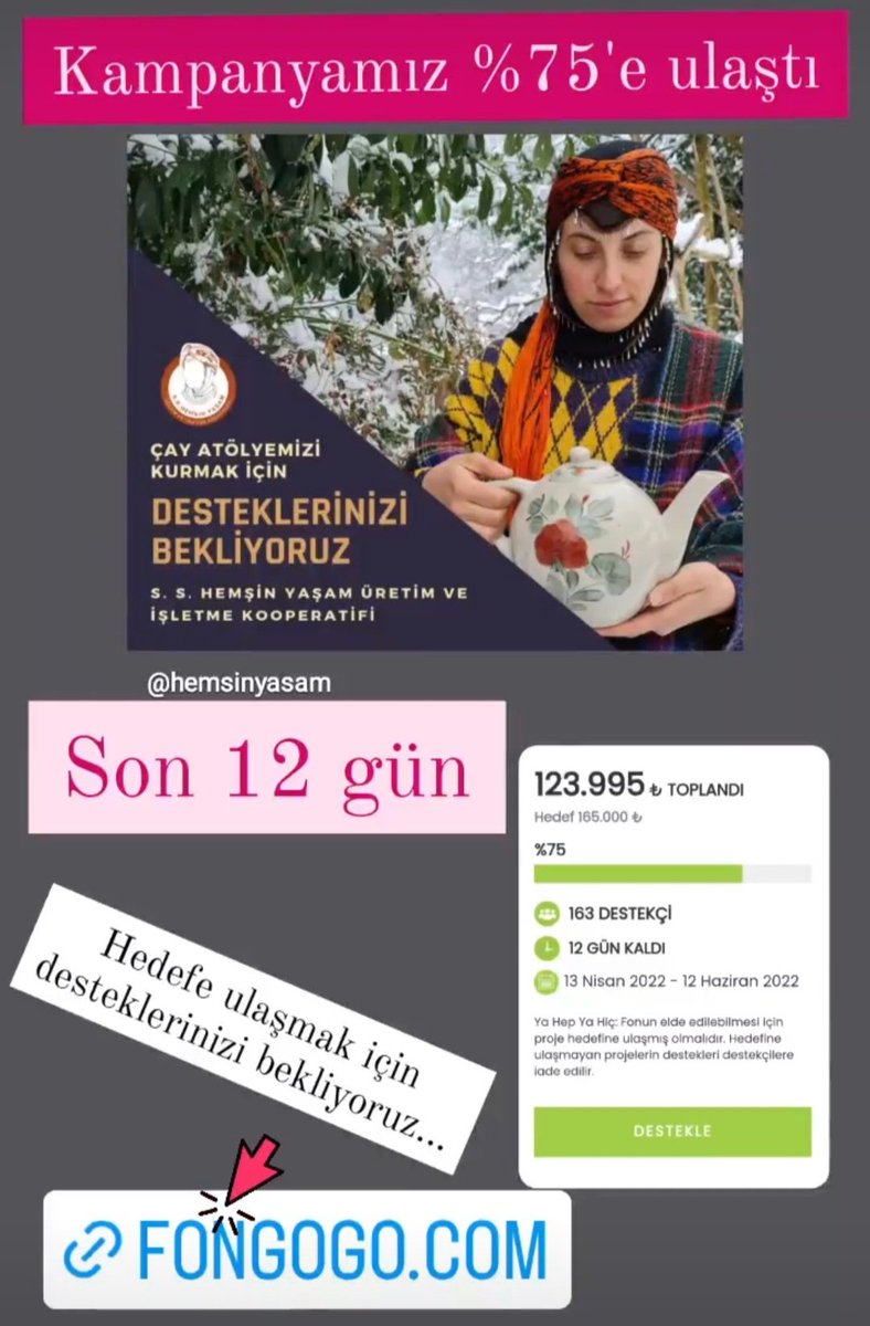 Geri sayım başladı. Hedefimizin %75 ine ulaştık. Hedefe ulaşmamız için son 12 gün. Desteklerinizi bekliyoruz...
fongogo.com/Project/hemsin…