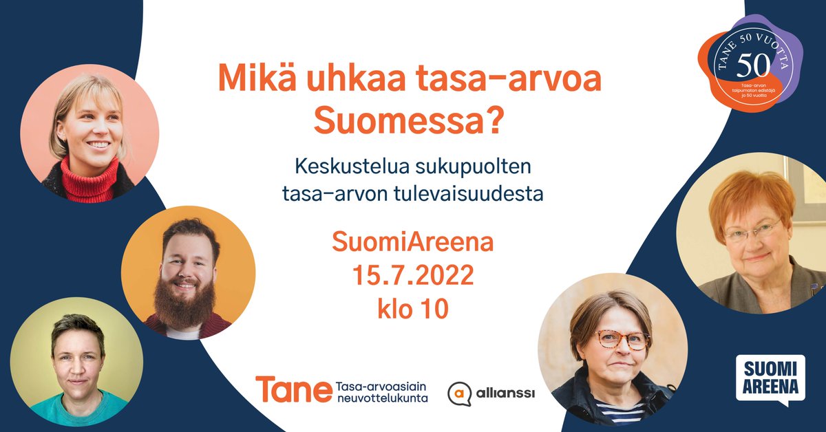 tasaarvoTANE's tweet photo. Oletko Facebook-ihmisiä? Klikkaa itsesi mukaan  @AllianssiRy'n ja meidän @SuomiAreena-tapahtumaan Mikä uhkaa tasa-arvoa Suomessa? ➡️➡️https://t.co/Wv0biHJt6T Mukaan 15.7. pääsee Porissa ja tietysti striimin kautta. Tilaisuuden juontaa @rosakettumaki #SuomiAreena #TasaArvo #Tane50 https://t.co/FuOnaYPyxK