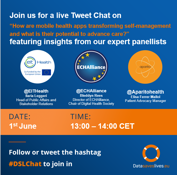 📲Do you want to know more about how mobile health apps are transforming self-management and advancing care?

🗓Wednesday, 1st JUNE 🕐1pm CEST

💬Join <a href="/Aparitohealth/">Aparito Health</a>, <a href="/EIThealth/">EIT Health</a>, <a href="/DataSaves_Lives/">DataSavesLives</a> &amp; us on the conversation by searching #DSLChat on Twitter.
_
#HealthData