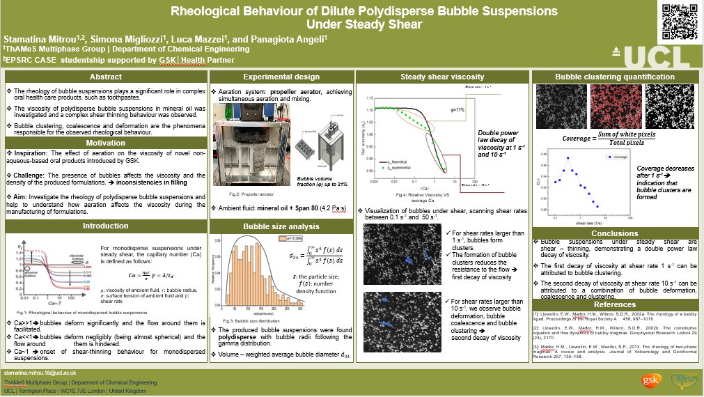 ThamesUCL's tweet photo. Congratulations to Stamatina Mitrou for winning the first poster award in the International Particle Technology Forum 2022 at @ImperialChemEng last week, for her work on the 'steady-shear viscosity of dilute polydisperse bubble suspensions'.
@PanagiotaAngeli  @uclchemeng https://t.co/KZvhK7bMLS