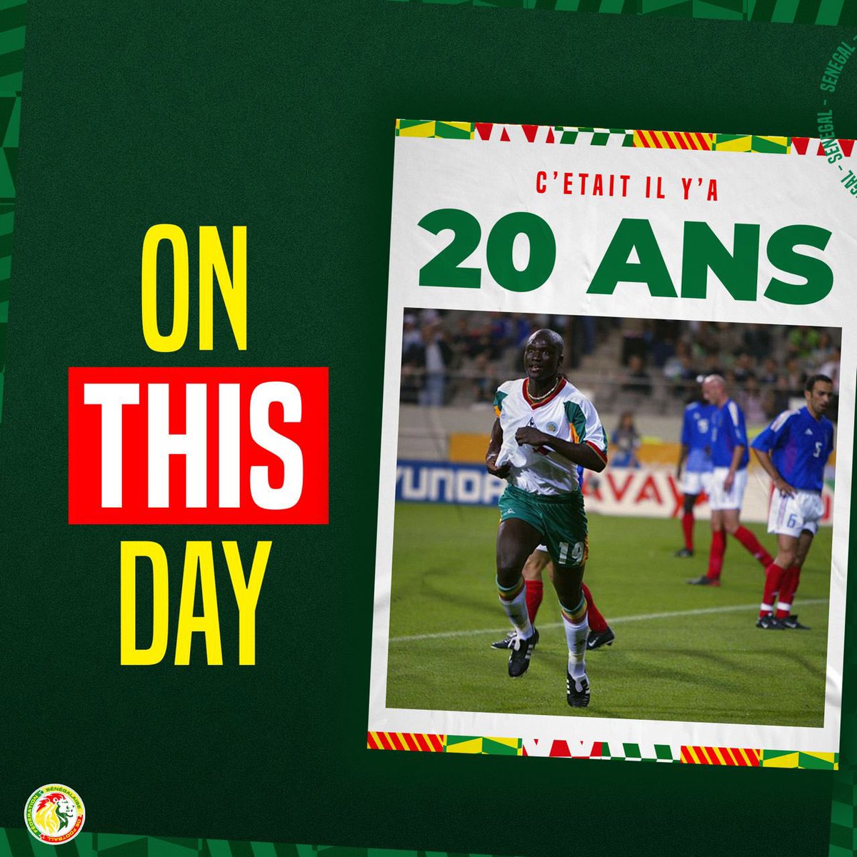 Fsfofficielle's tweet photo. 31 Mai 2002 - 31 Mai 2022 | Il y’a 20 ans, jour pour jour, le Sénégal remportait le premier match de son histoire en Coupe du monde. Les lions avaient battu la France, championne en titre grâce à un but iconique de feu Pape Bouba Diop. Que son âme repose en paix ! https://t.co/xJq8vmzHwx