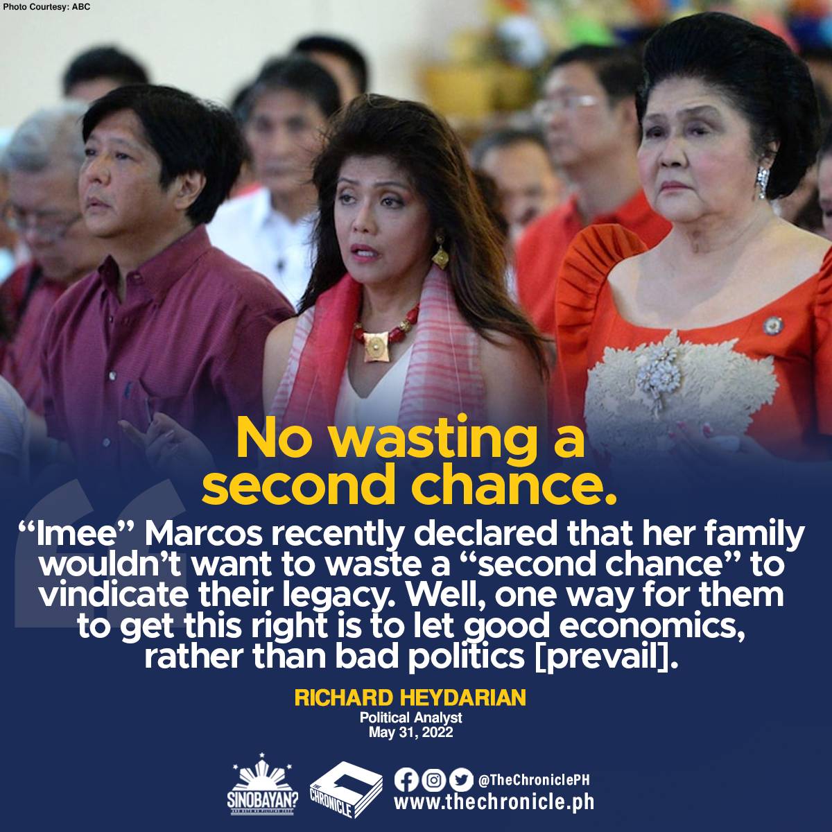 thechronicleph's tweet photo. Ayon kay political analyst Richard Heydarian, kung ayaw ng mga Marcos na masayang ang “second chance” nila, dapat na itaguyod nila ang magandang ekonomiya ng bansa kaysa sa aniya’y “bad politics”. 

#TheChronicle #YourNewsNOW https://t.co/44DC4f4JBC