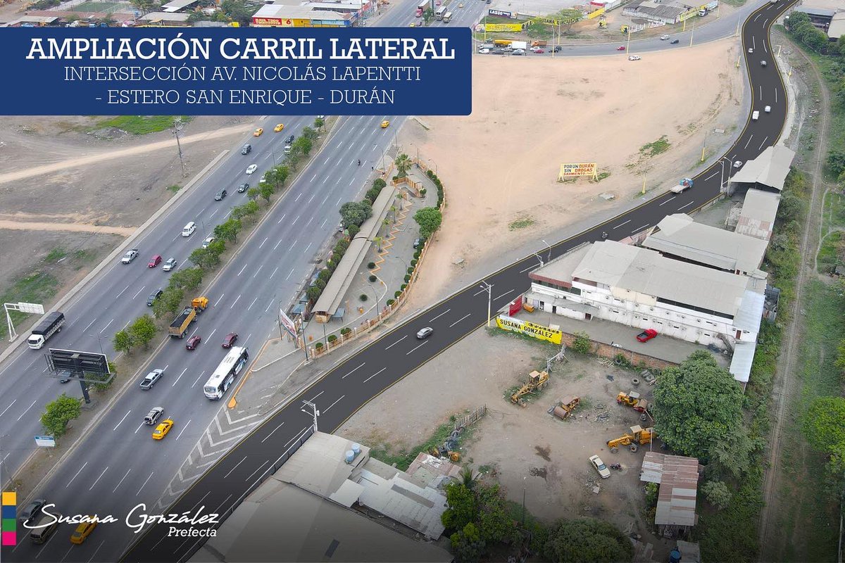 ✅ Ampliación a 4 carriles intersección Trébol vía Durán-Boliche 
✅ Ampliación carril lateral intersección Av. Nicolás Lapentti- Estero San Enrique-Durán