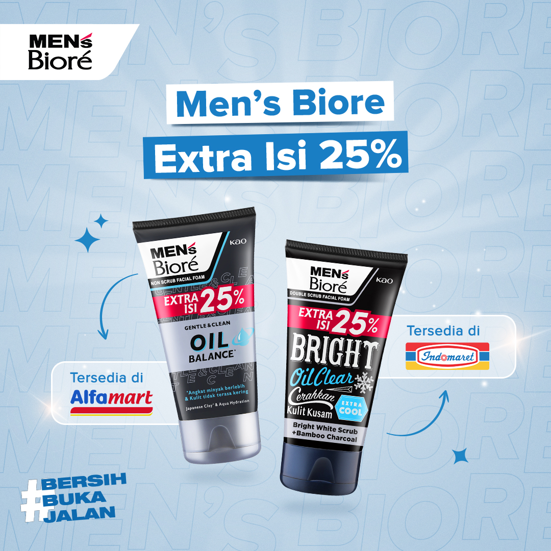 Mau tampil extra? Ya pake Men’s Biore Extra Isi 25% lah, yang bisa bikin lu #ExtraKece, alias extra keren &amp; extra cerah.

FYI, lu bisa beli Men’s Biore Oil Balance dan Bright Oil Clear Extra Isi 25% di minimarket (Alfamart dan Indomaret) terdekat sob.

#BersihBukaJalan