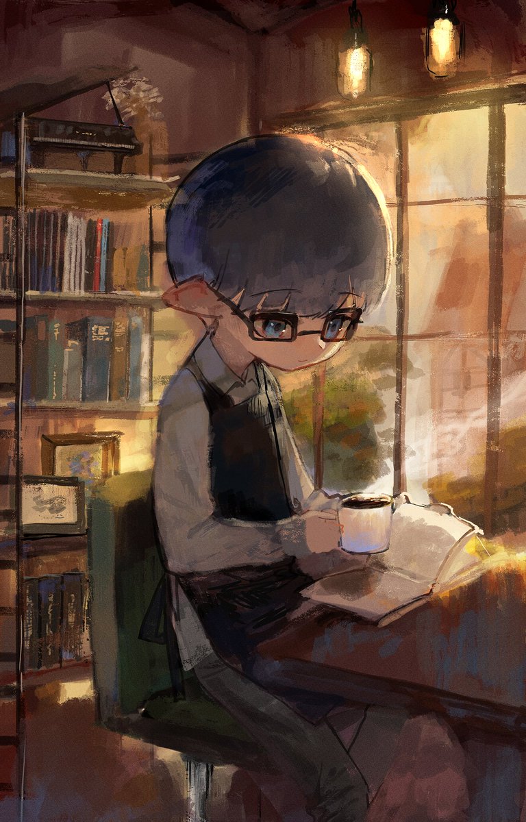 1boy male focus solo book pointy ears glasses black apron  illustration images