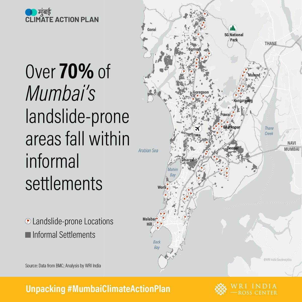 WRIIndia's tweet photo. Unpacking #MumbaiClimateActionPlan (4) |Climate Risk &amp; Vulnerability: Mumbai faces a growing risk of landslides due to increase in high intensity rainfall events. Settlements with temporary structures on unstable slopes &amp; at foothills are the most vulnerable. #ClimateChange (1/2) https://t.co/DPveiVtAiS