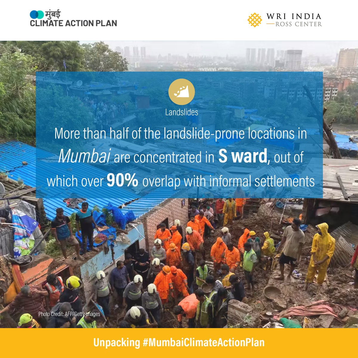 Unpacking #MumbaiClimateActionPlan (4) |Climate Risk &amp; Vulnerability: Mumbai faces a growing risk of landslides due to increase in high intensity rainfall events. Settlements with temporary structures on unstable slopes &amp; at foothills are the most vulnerable. #ClimateChange (1/2)