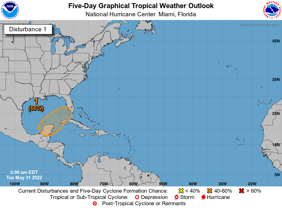 2 AM EDT May 31: A large and complex area of low pressure is expected to form near the Yucatan Peninsula in a few days,  and it could become a tropical depression over the southeastern Gulf of Mexico late this week.

Monitor hurricanes.gov for the latest on this system.
