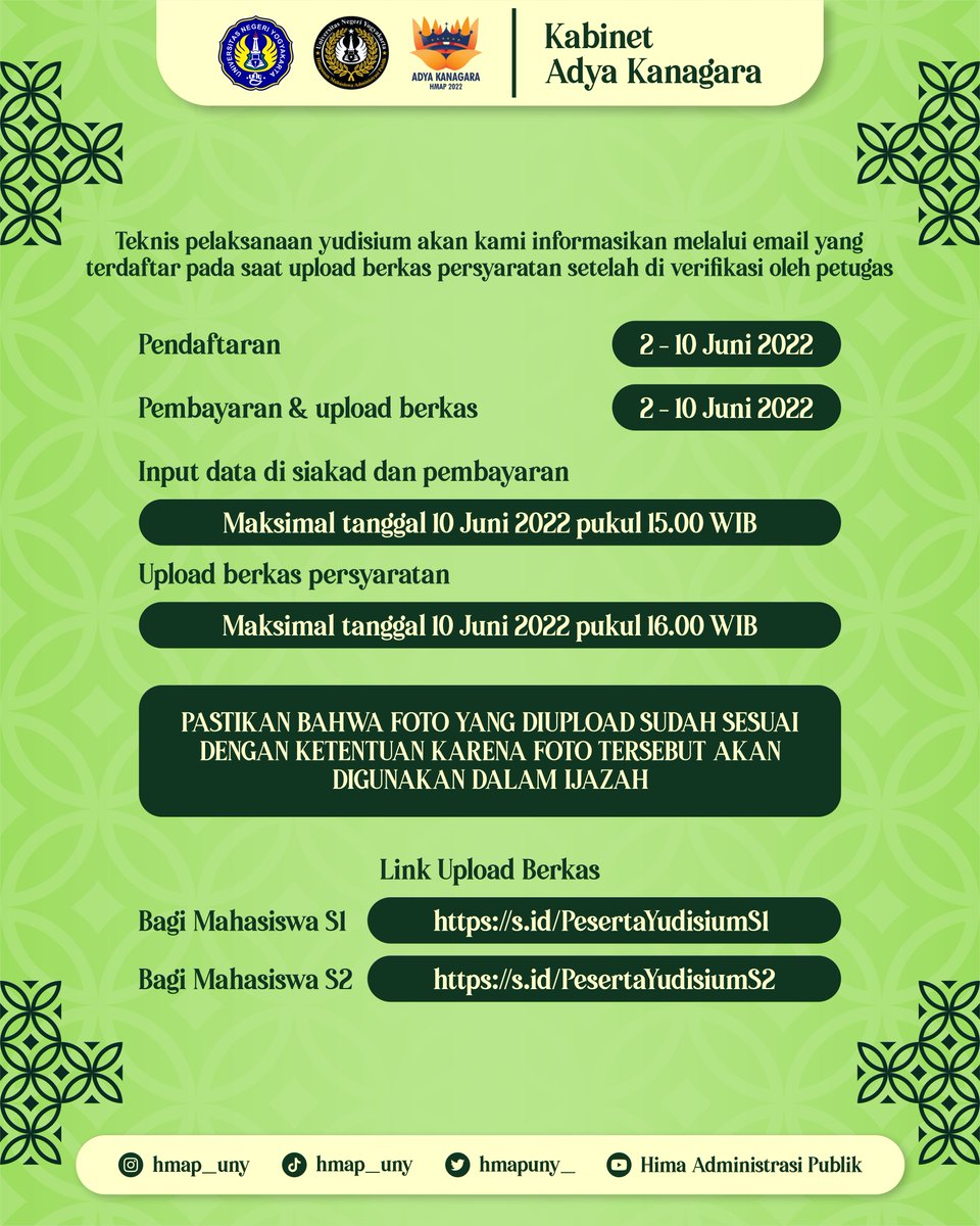 HMAPUNY_'s tweet photo. [PENGUMUMAN YUDISIUM]

Bagi AP fams yang sudah memenuhi syarat dan akan mendaftar Yudisium Periode 13 Juni 2022 dapat memperhatikan informasi yang tertera di atas ya! ✨ https://t.co/JMUVkhNCpk