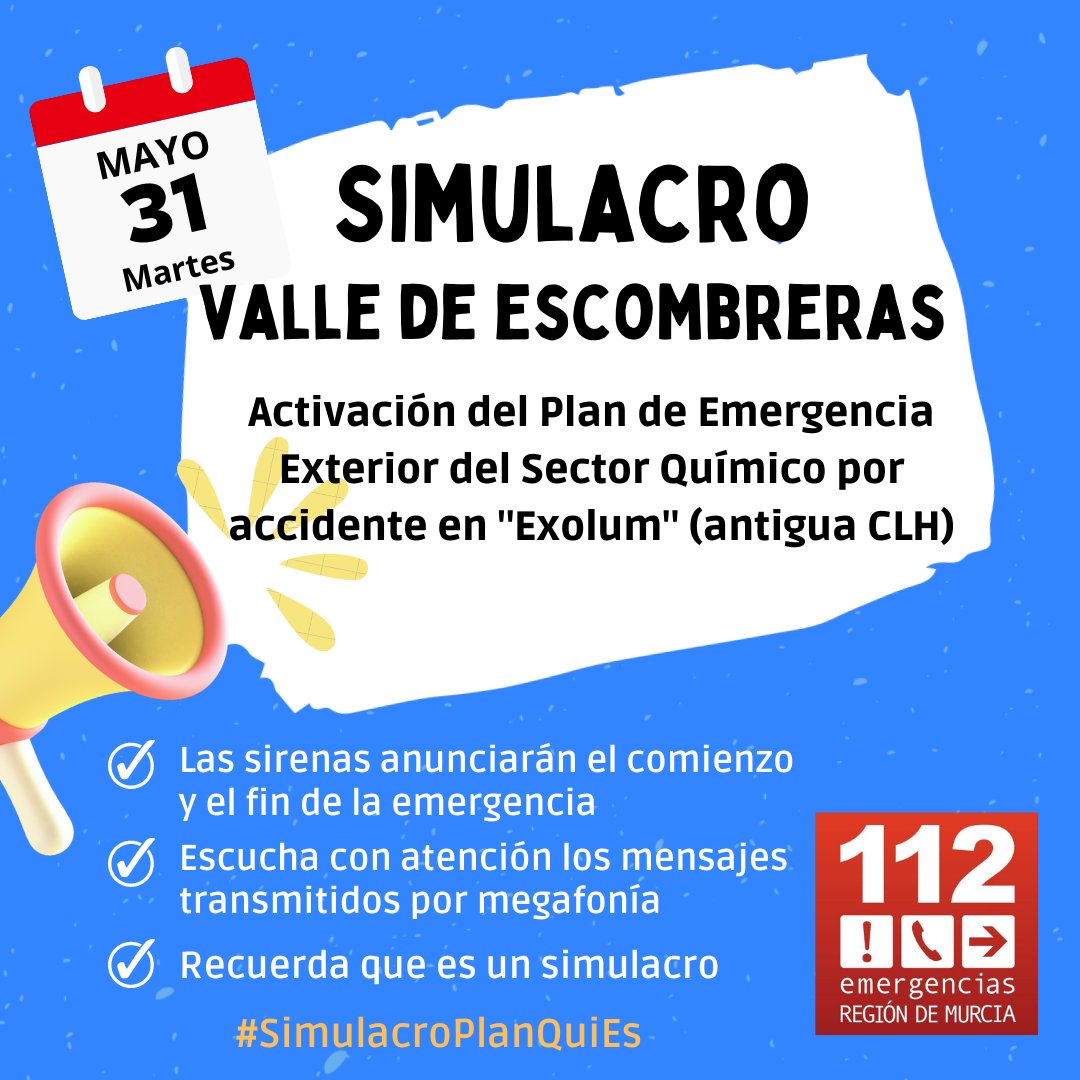 ¡Buenos días!
Recordamos que hoy comprobamos la operatividad del Plan de Emergencia Exterior del Sector Químico en el Valle de Escombreras con un simulacro de accidente.
Si te encuentras por la zona, oyes sirenas y/o ves vehículos de emergencia, no te alarmes.
#SimulacroPlanQuiEs