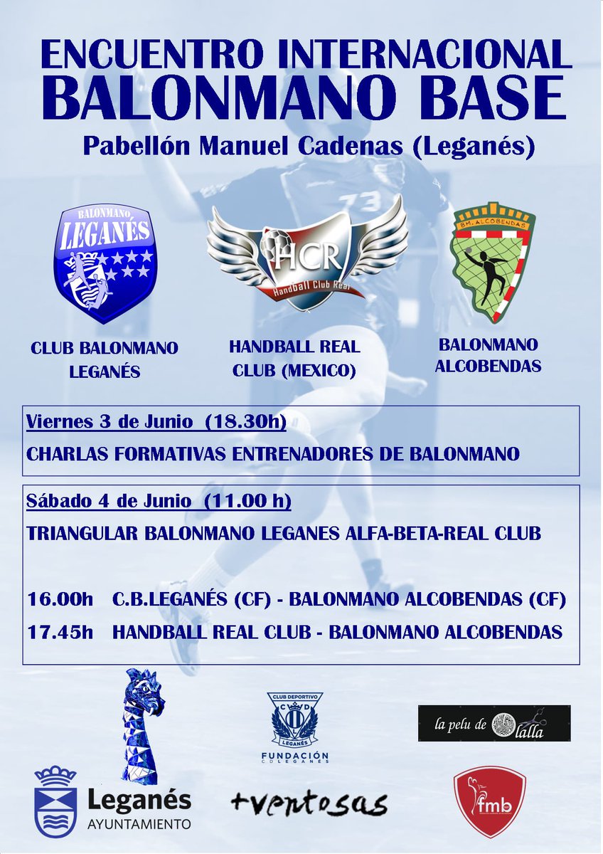 CBLeganes's tweet photo. El próximo 3/4 de junio organizaremos un Encuentro Internacional Balonmano Base en el que participará un equipo de Méjico, el Handball Real Club 👏🏻
#bmleganes #aupalega 🔵⚪️ https://t.co/3br6NRi6gu