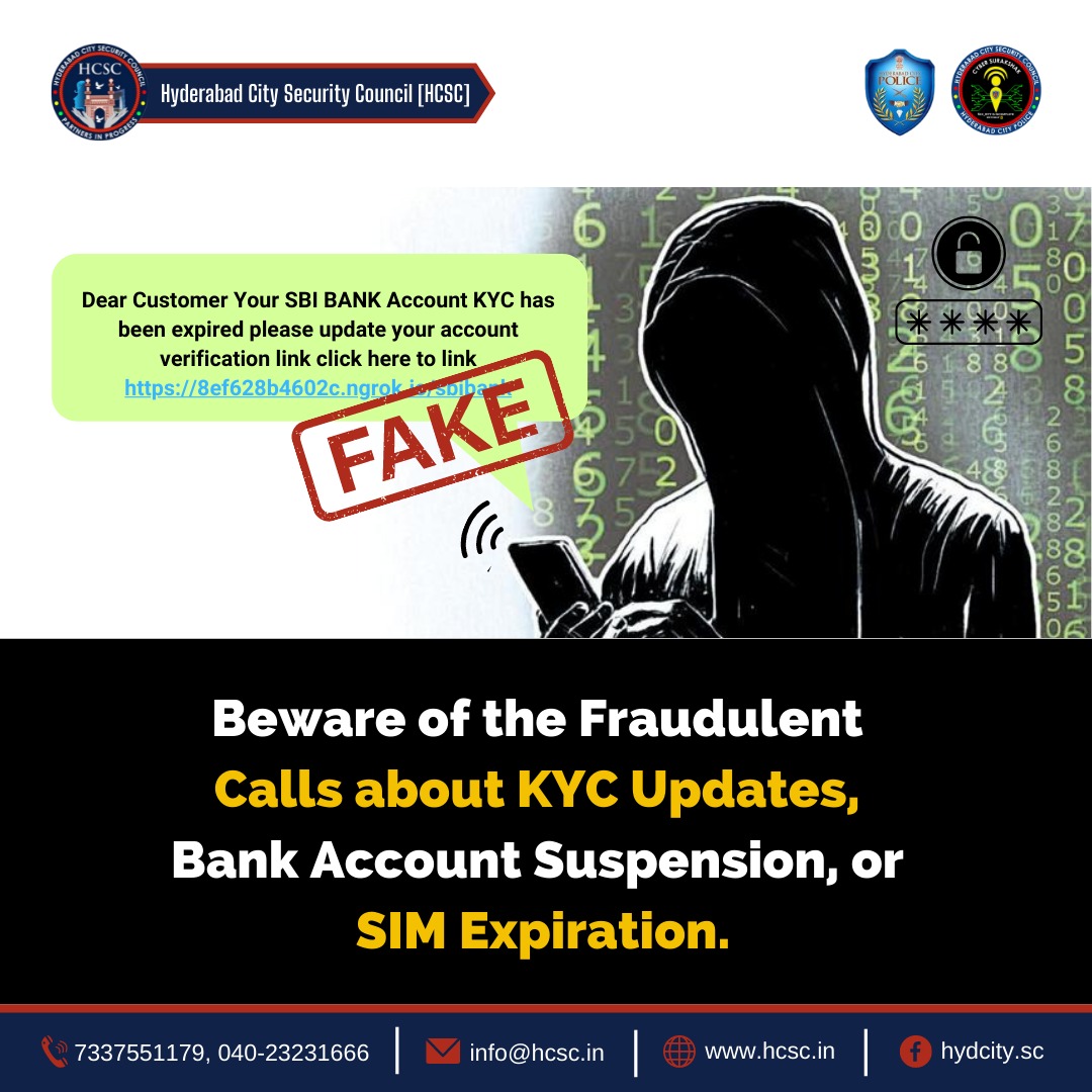 Don't share your confidential data with anyone!
#cybersecurityawareness #HCSC #HyderabadCitySecurityCouncil
#fraudulent #links #bankaccount #KYC #cybercrime #cyberattack
#beaware #bealert #cybercrime #cybercriminals #data
#Hyderabad #HyderabadPolice
Hyderabad  Police