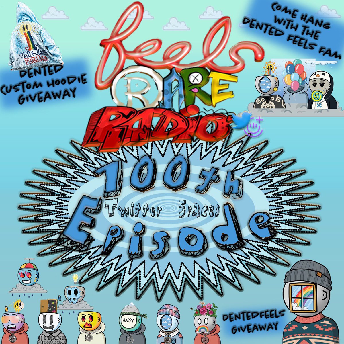 100th EPISODE! 🔥🥲👏🏼 @FeelsRareRadio time flies by! So grateful. Many surprises tomorrow, special thanks to <a href="/DentedFeelsNFT/">Dented Feels 😶💭</a> <a href="/Dentinmyhead/">Dentin</a> <a href="/DKalo42/">Kalo</a> <a href="/ICanPlug/">Evaded</a> <a href="/HarriNFT/">harri</a> <a href="/SPACEFern_/">Fernando Villanueva</a> #DentednotBroken #beRARE #NFTCommunity #NFTs