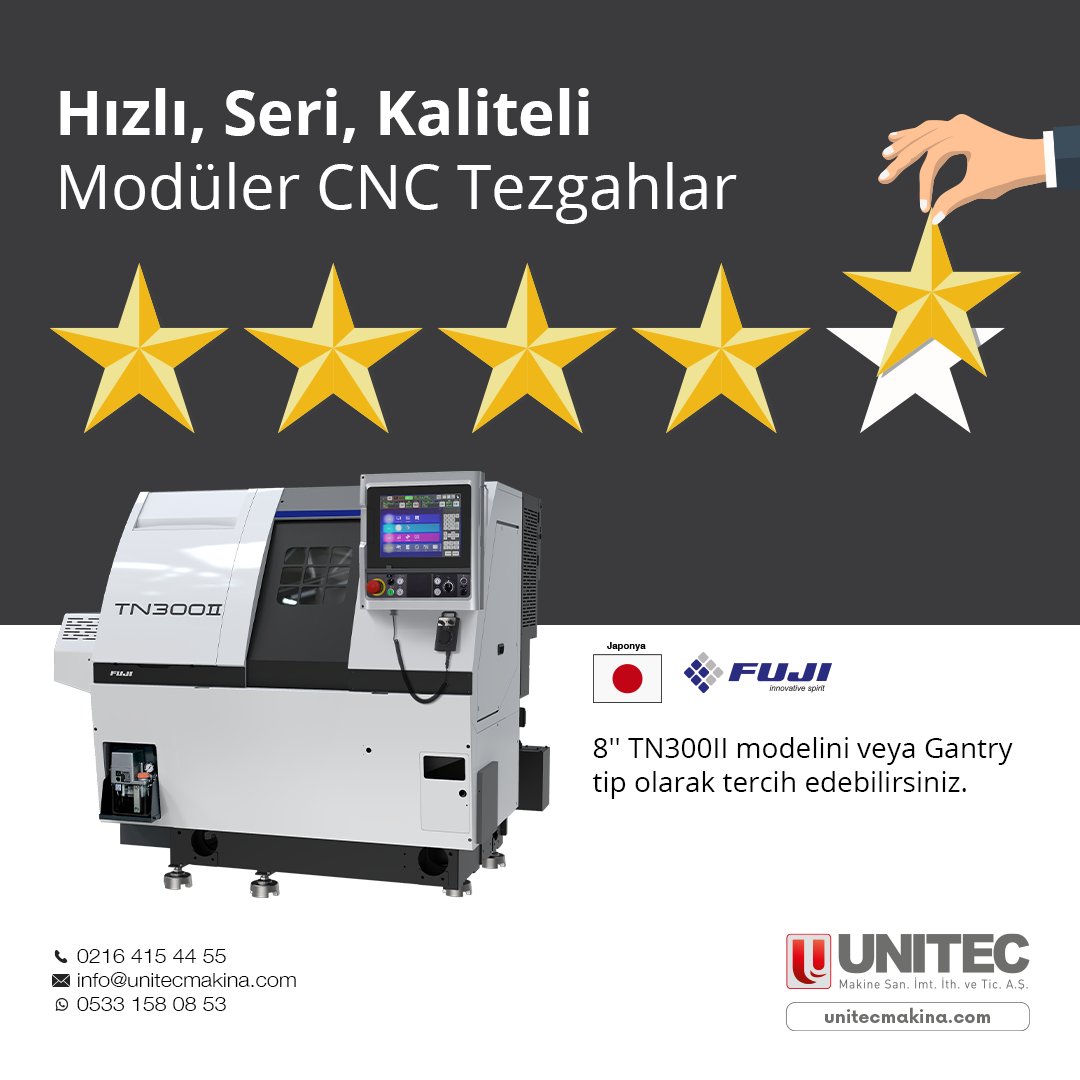 Hızlı, Seri, Kaliteli
Modüler CNC Tezgahlar

8'' TN300II modelini veya Gantry tip olarak tercih edebilirsiniz.

Detaylı bilgi için;
0216 415 44 55
info@unitecmakina.com
WhatsApp: 0533 158 08 53

#metalişleme #unitecmakina #metalworking #cnctezgah #cnctorna