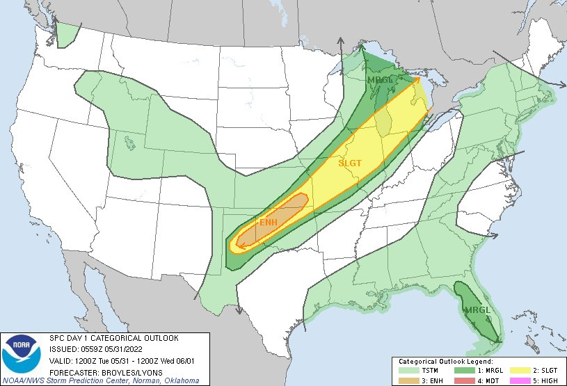 LimWeather's tweet photo. D1 #SPC: #Enhancedrisk of #severewx in NW #Texasm N #Oklahoma and SE #Kansas due to a 30% and SIG #hail risk, a 15% #wind risk in the SLGT area and a 5% #tornado risk in NW TX and #Illinois. #Uswx #wxtwitter #kswx #txwx #okwx #ilwx https://t.co/ydXZzd6Rwt