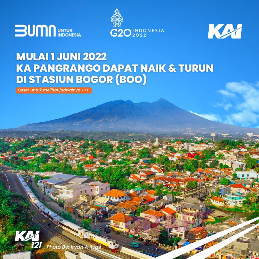 KAI121's tweet photo. Skrg naik KA Pangrango lebih nyaman, krn mulai 1 Juni 2022 KA Pangrango mengawali &amp; mengakhiri perjalanan dr Stasiun Bogor (BOO).

Ketentuan naik KA Pangrango mengikuti syarat KA Lokal/Aglomerasi. Info lengkap cek postingan ya.

#KAI121 
#KAPangrango
#NaikKeretaLagi 
#KeretaApi https://t.co/WBOlJXAA8s