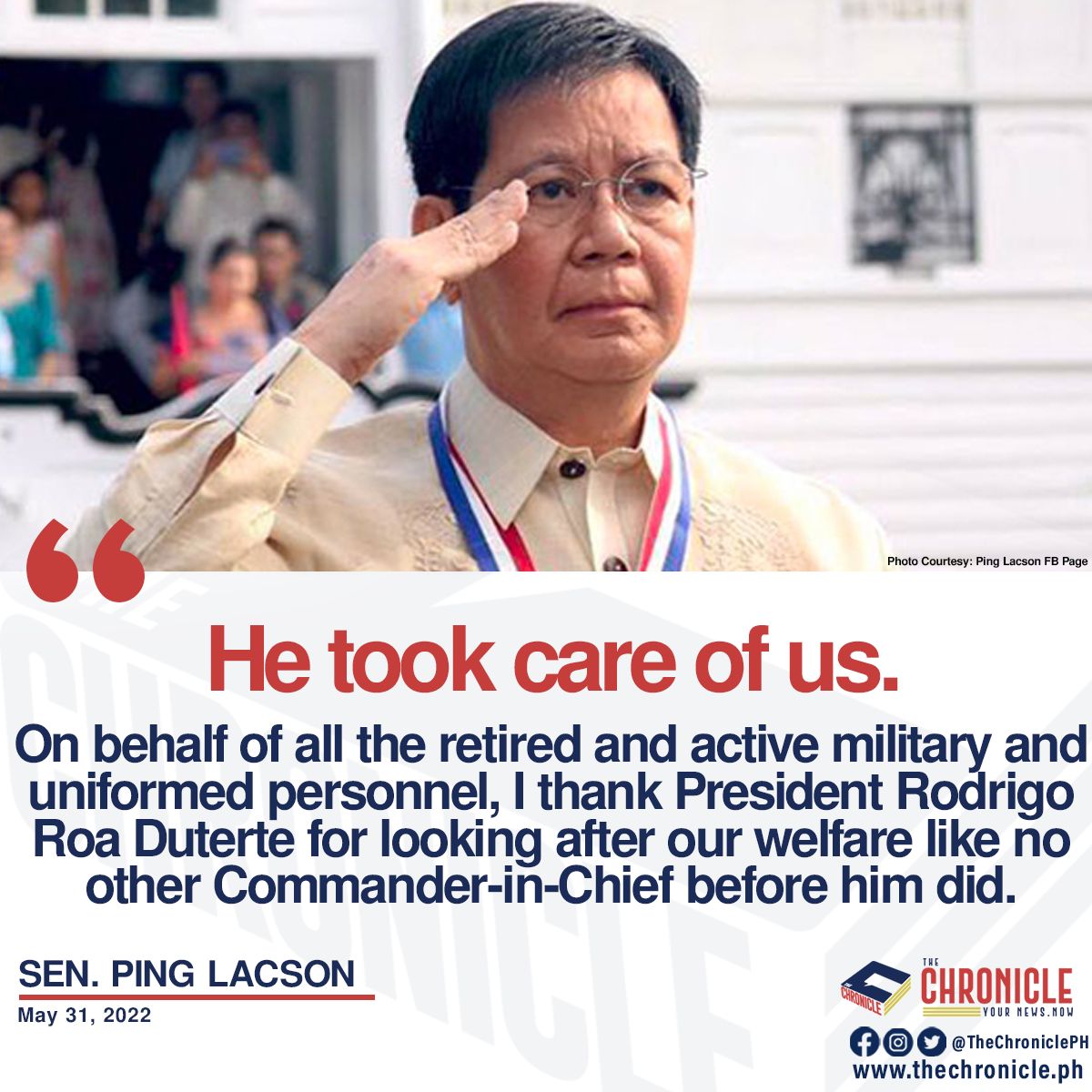 thechronicleph's tweet photo. Nagpahayag ng labis na pasasalamat si Sen. Ping Lacson para kay outgoing President Rodrigo Duterte dahil sa dedikasyong ipinamalas nito na pamunuan ang militar sa nagdaang anim na taon ng kanyang termino.

#TheChronicle #YourNewsNOW https://t.co/W5e1NIVvWE