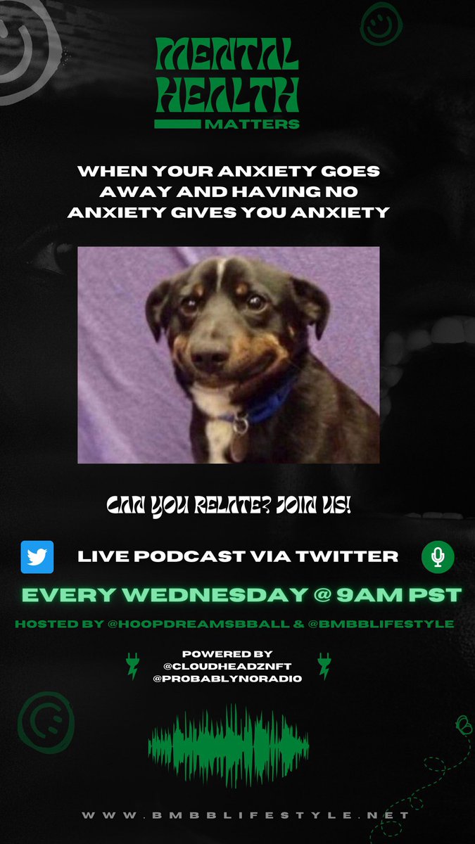 💚#MentalHealthMatters    @TwitterSpaces on #Anxiety!

📆WEDNESDAYS at 9AM

🎙#SpacesHost <a href="/BMBBlifestyle/">Phillip Cason</a> &amp; <a href="/hoopdreamsbball/">HoopDreamsBball🏀🧠</a>

💚Safe Space
🧠Weekly Check-Ins
🫂Build a #SupportSystem
🧰Learn #MentalHealth Tools
🫂Invite ONE Person You Love…

🤷🏽‍♂️Do you need help with #MentalHealth?