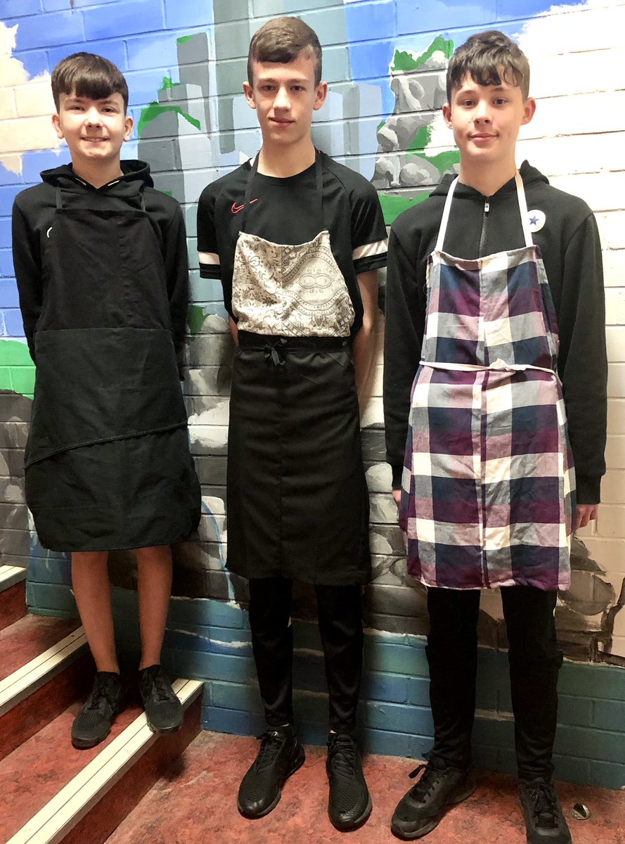 HomeHuntly's tweet photo. BGE pupils have been looking at repurposing unwanted garments and learning basic sewing skills. Aprons made from curtains, jeans, pyjamas, black jeans etc. Ewan, Ben, Owen, Callum, Liam and Chloe-Ann have enjoyed the project. https://t.co/gBoIKhEPDE