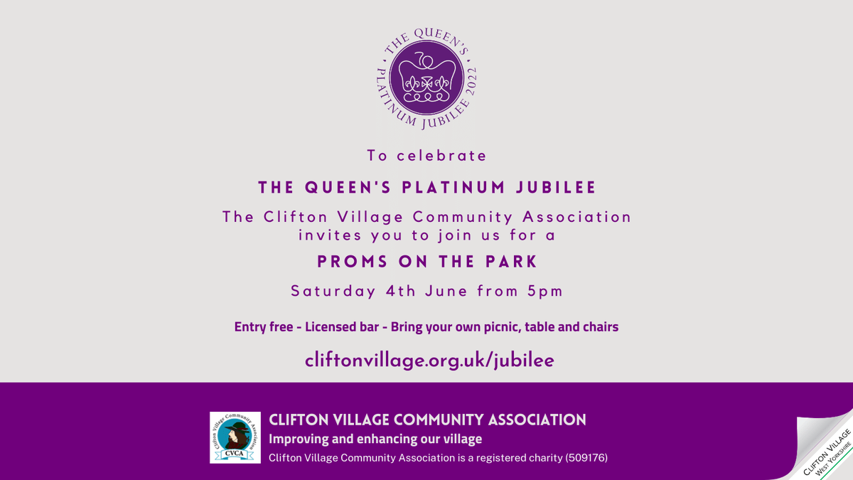 CliftonVCA's tweet photo. We're celebrating The Queen's Platinum Jubilee with a Proms on the Park, with Clifton and Lightcliffe Band &amp; Emma Mawdsley.
📅 Sat 4 June 5pm
💷 Free entry - CVCA funded
🪑  Bring your tables, chairs and picnic
🍷  Licensed bar (inc Pimm's) available
➡️ https://t.co/fyQtpazvfh https://t.co/tm8gzpl66K