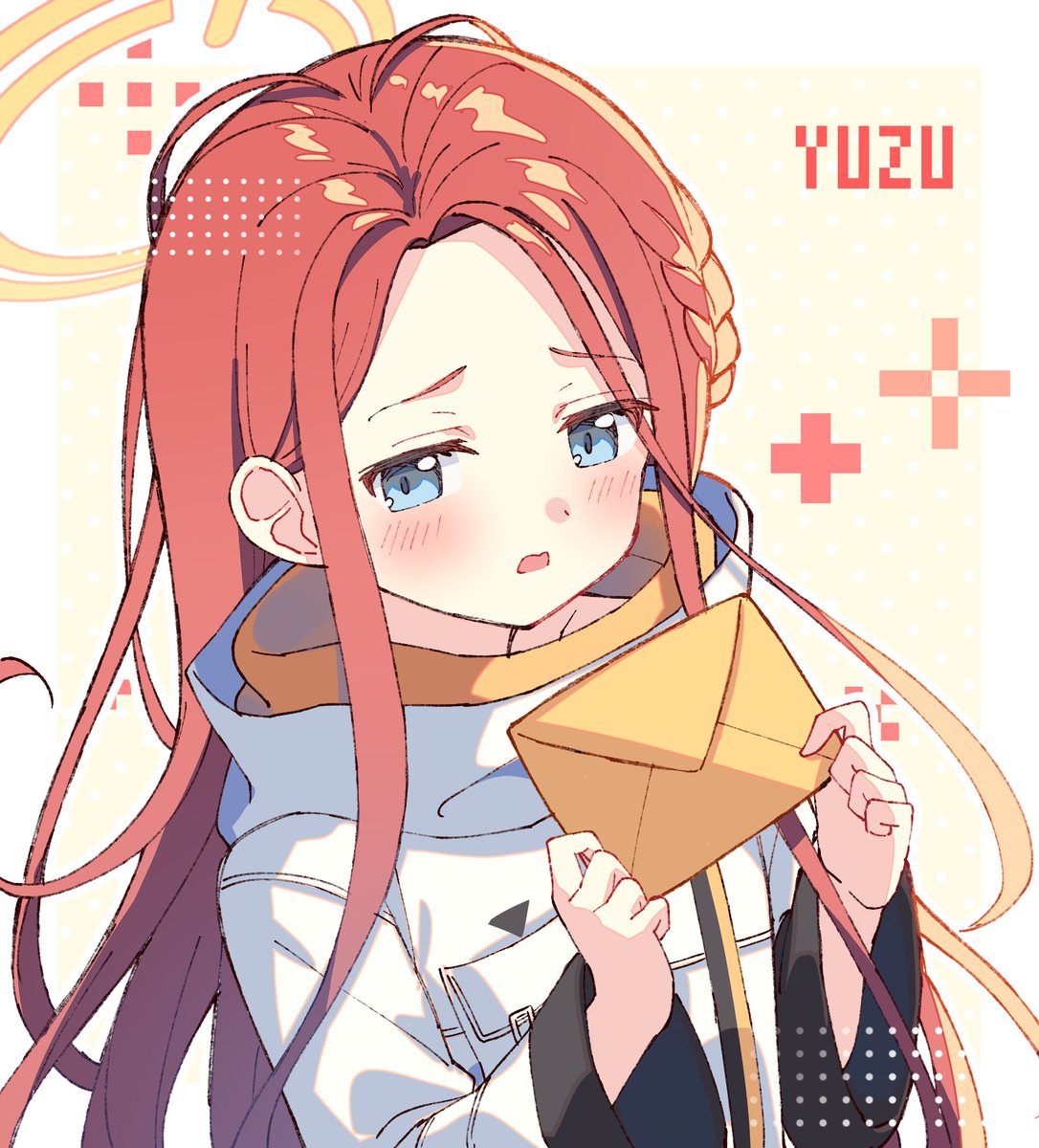 1girl solo halo long hair red hair blue eyes envelope  illustration images