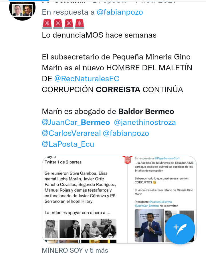 ObservadorDARB's tweet photo. @MinGobiernoEc @LassoGuillermo @Polificcion @Martinminguchi  @RecNaturalesEC @AnderssonBoscan @aro_rojas @VillaFernando_ @cherediaf Les presento a Baldor Bermeo, alcalde de Ponce Enríquez, que la monta de ambientalista cuando practica la minería ilegal y se burla de la ley https://t.co/g5lC2rkczQ