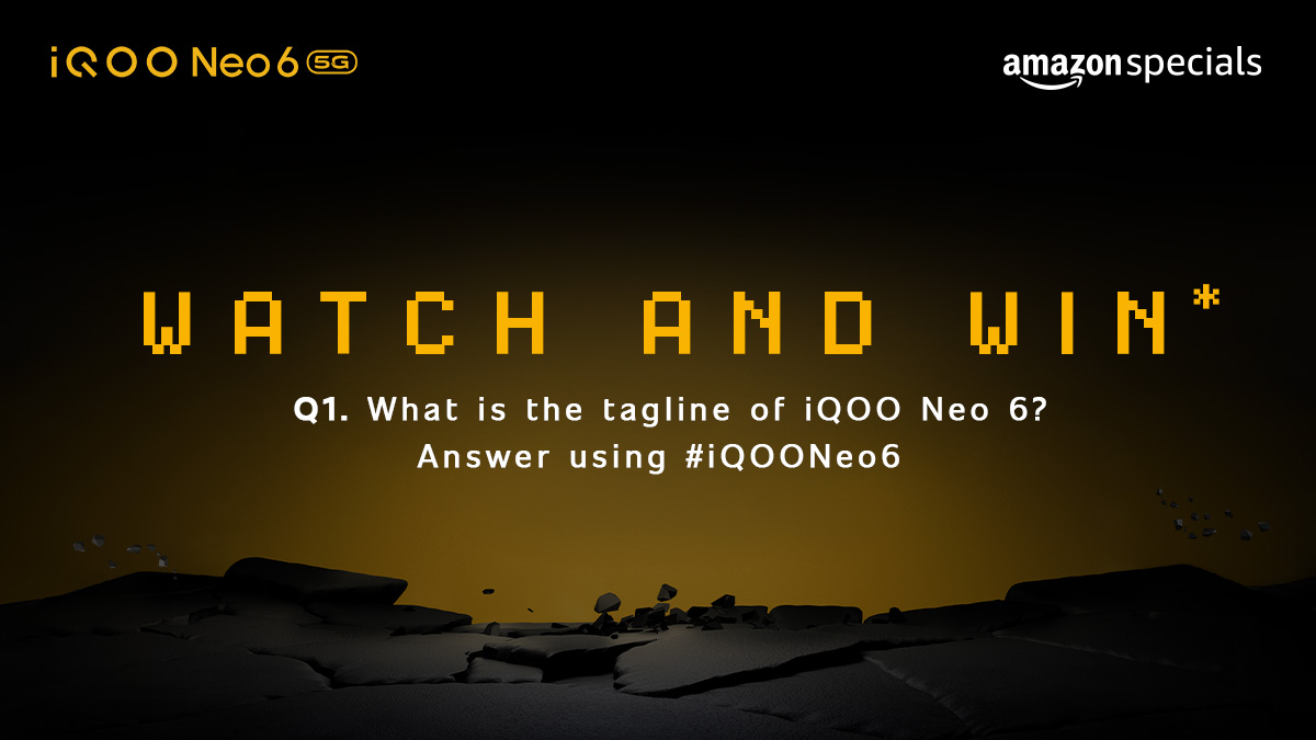 First quest-ion of the day! Watch #iQOONeo6 launch and get your #PowerToWin. Comment your answer to Q1 below &amp; win* a new #iQOONeo6, don’t forget to tag <a href="/IqooInd/">iQOO India</a>

Know More - amzn.to/3PFuchW
Watch Now: bit.ly/3NK2nmV
*T&amp;C bit.ly/3t3ZNAk