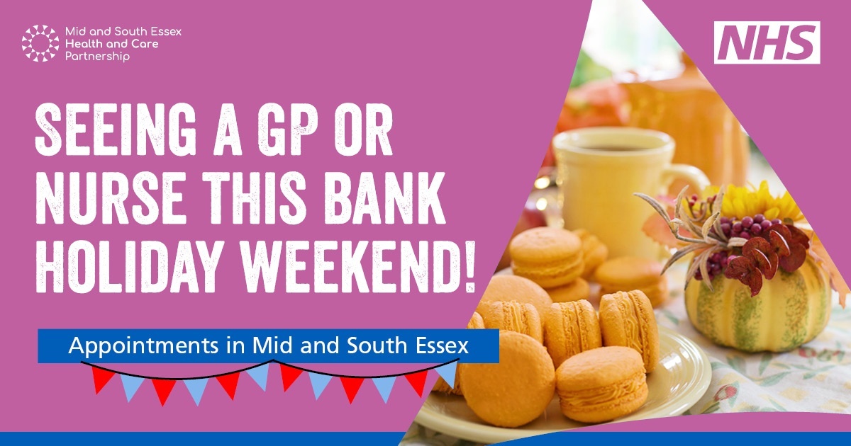 GP and nurse appointments are available across mid and south Essex this upcoming bank holiday weekend!

Find out more about the dates and times here: orlo.uk/6hIe6

Remember if you need urgent medical help, you can visit orlo.uk/66SGY or call 111 at any time.