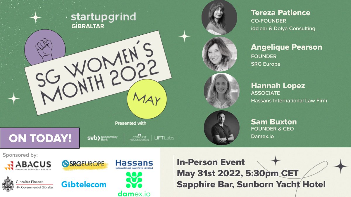 Not only do we have this line up of fantastic speakers TODAY w/ <a href="/TerezaPatience/">Tereza Patience</a> <a href="/_HanLopez/">Hannah Lopez</a> @bitcoinbuxton &amp; Angelique Pearson we also have a showcase of local #startups👩‍💻
Join us at #SGWomen's Month from 5:30pm Sapphire Bar <a href="/SunbornGib/">Sunborn Gibraltar</a> FREE
RSVP - startupgrind.com/e/mj7a7p/