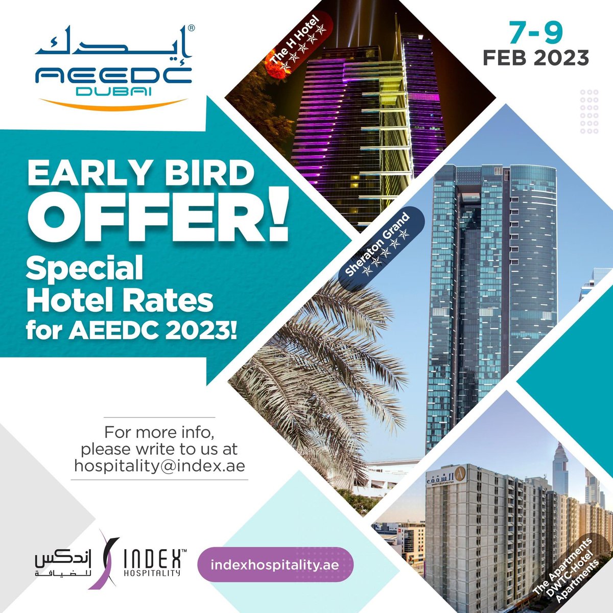 IndexHosptlty's tweet photo. EARLY BIRD OFFER!

Book Your Hotel for AEEDC 2023 in Advance to Avail the Special Rates!

Rooms are Subject to Availability and Hotel Rates can Change later*

Write to us at hospitality@index.ae for more information https://t.co/EQyUTvJWxz