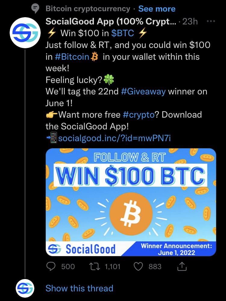 SocialGood_Inc's tweet photo. Our 22nd #giveaway tweet is under the #Bitcoin topic. 

Have you made your entry? Retweet now!
https://t.co/CNj4Gxw2V8

$BTC #crypto #SocialGoodApp_CryptoBack https://t.co/WAQ1clDSCb