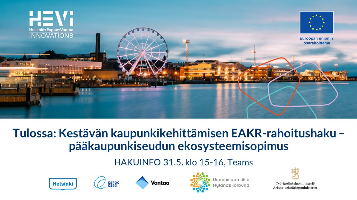 Tänään klo 15 kerromme HEVin 1. hankerahoitushaun sisältöteemat - tervetuloa kuulolle Teamsin kautta! rakennerahastot.fi/-/hakuinfo-kes… #innokaupungit #EAKR #uudistuvajaosaavasuomi #HEVinnovations