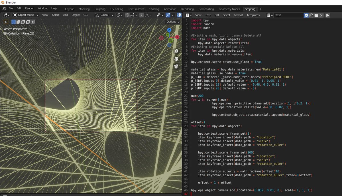 coppepandas's tweet photo. pythonで200本の線をつくって、ぐるぐる回すコード。 https://t.co/FehKizJjtJ