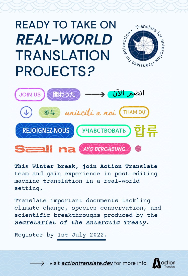 📢Calling all bilingual/multilingual Monash students! 

This Winter break, help protect #Antarctica. 

The Action Translate team are looking for student translators to help translate documents by Secretariat of the Antarctic Treaty. 

Visit actiontranslate.dev for more info!