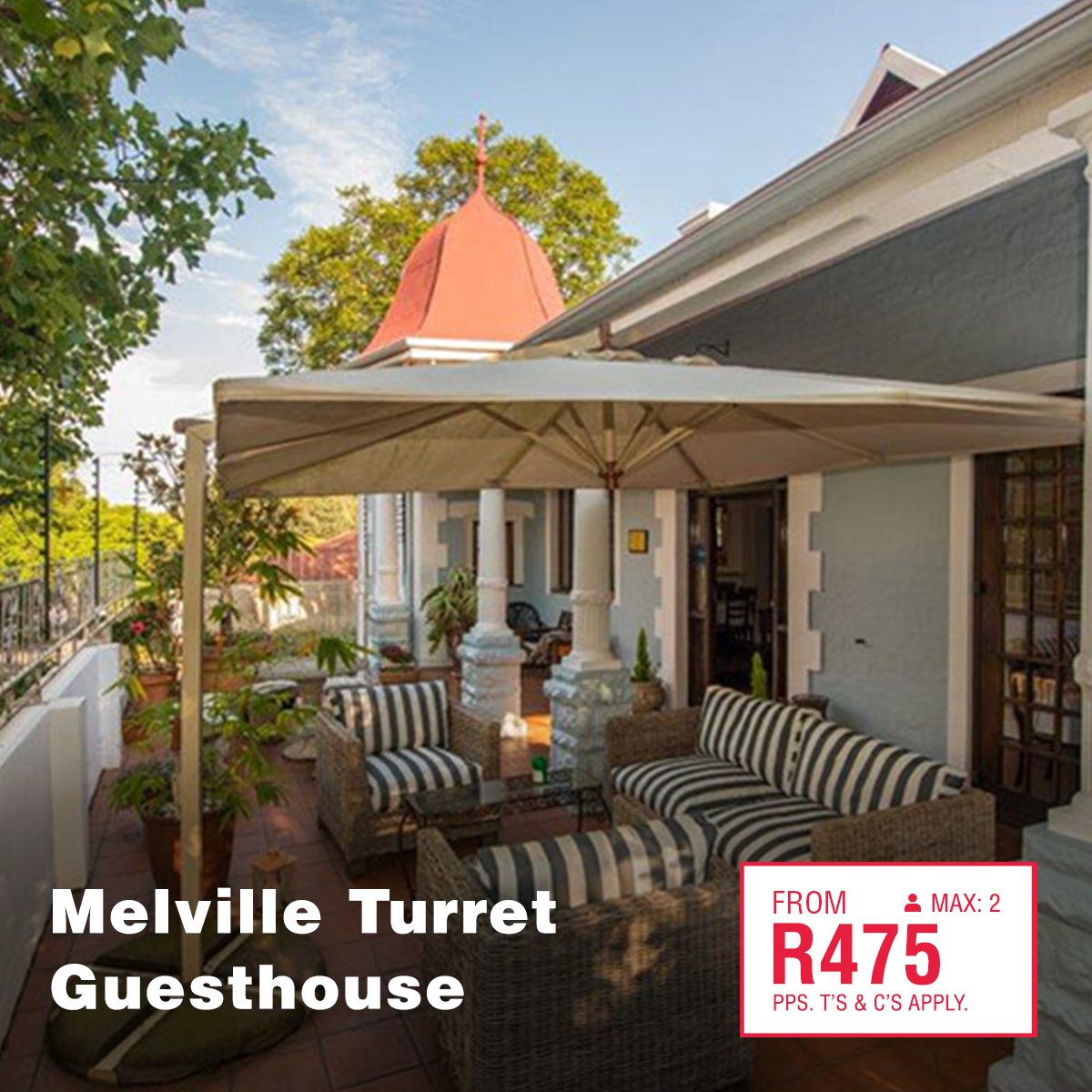 Explore one of the world’s coolest suburbs – Melville and stay at the Melville Turret Guesthouse. Who is ready for a fun night out. bit.ly/3t1JIek
📍 Melville – Gauteng  
💳 R475  
🏠 Per person sharing