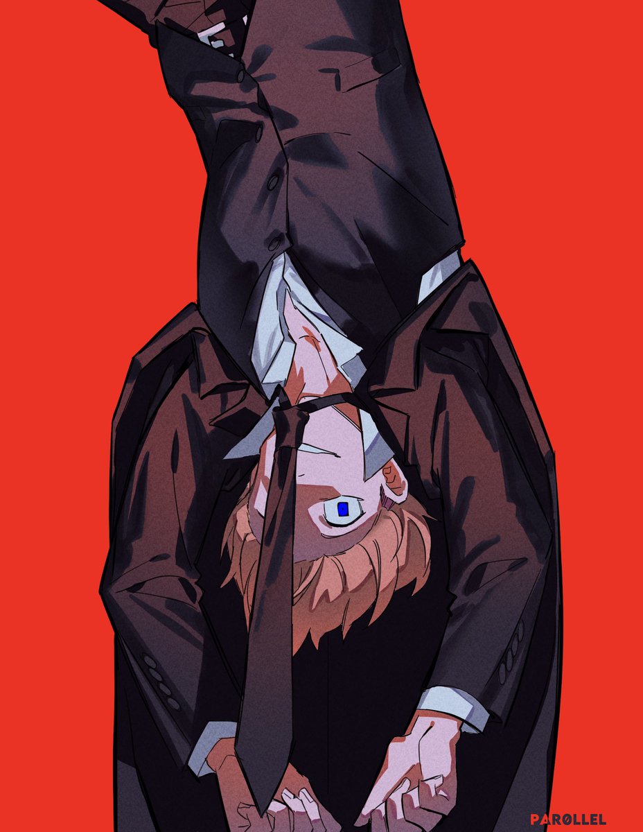 1boy male focus upside-down solo blonde hair red background necktie  illustration images